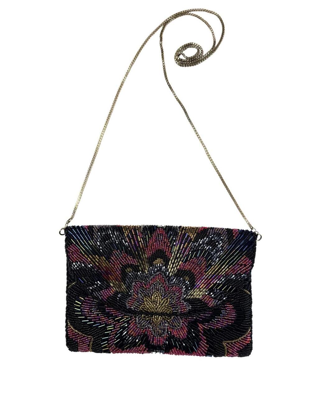 Vintage La Regale Beaded Evening Bag Black Pink Gold Floral Clutch Purse